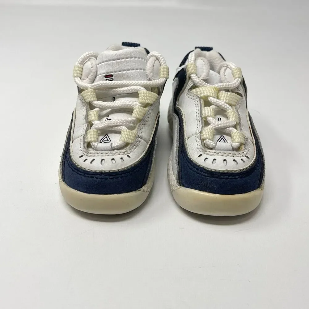 Baby Fila White Blue Lace Up Shoes Sneakers Kicks Infant Size 4 Leather Upper